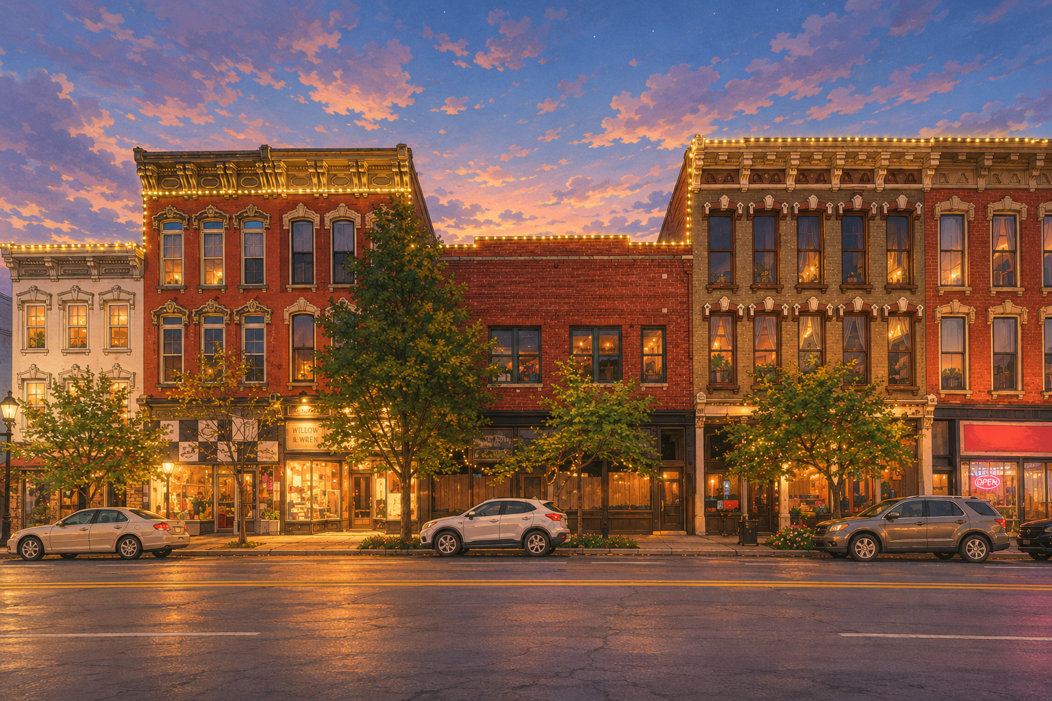 A storybook main street lined with glowing local shops at dusk